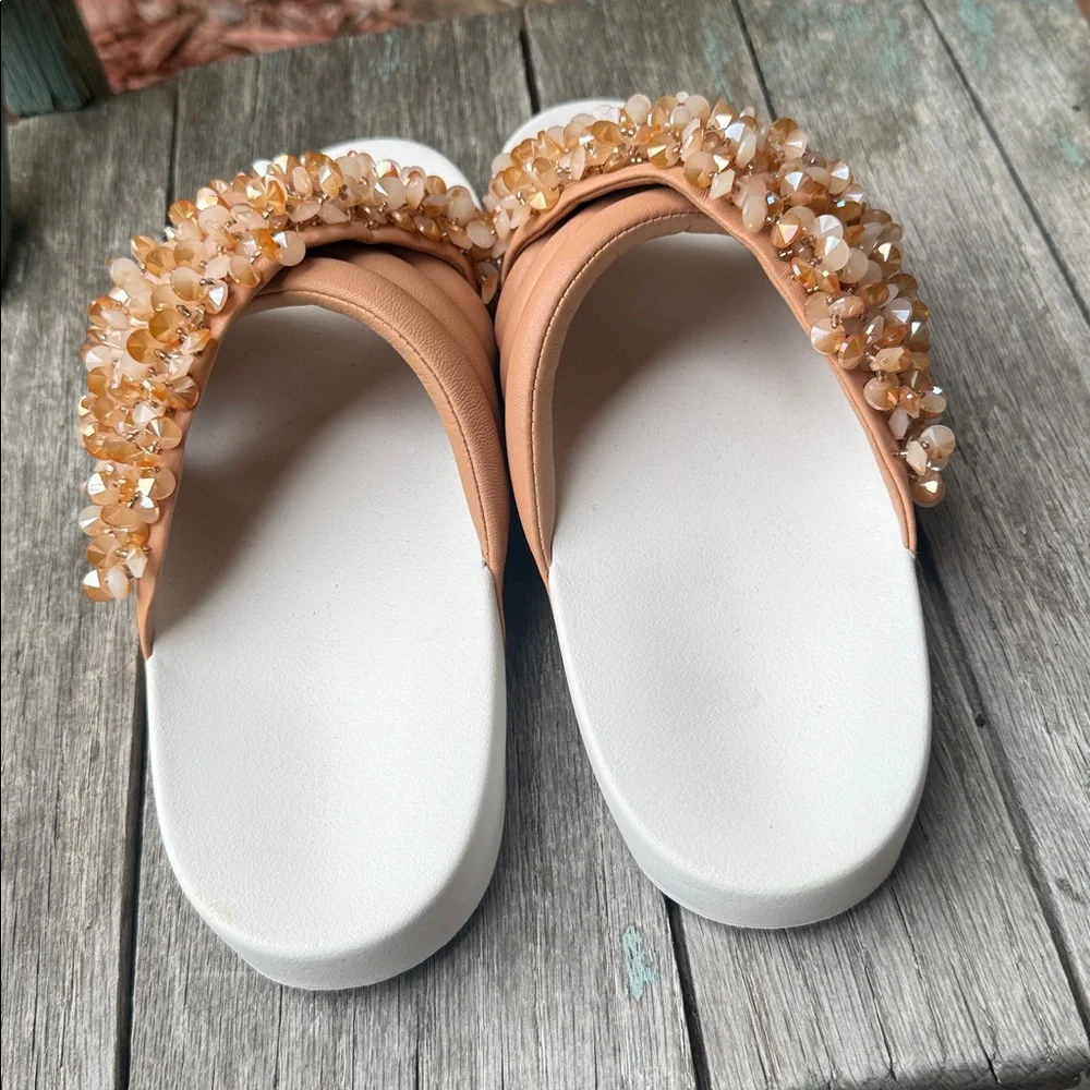 Embellished Tan Slide Sandals for Women - Bead Accent